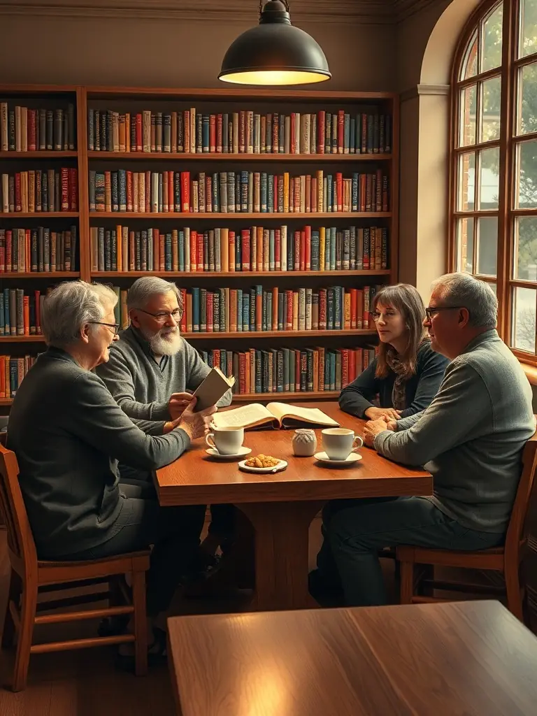 Adults attending a book club discussion in a cozy corner of the library, with books and refreshments on the table.