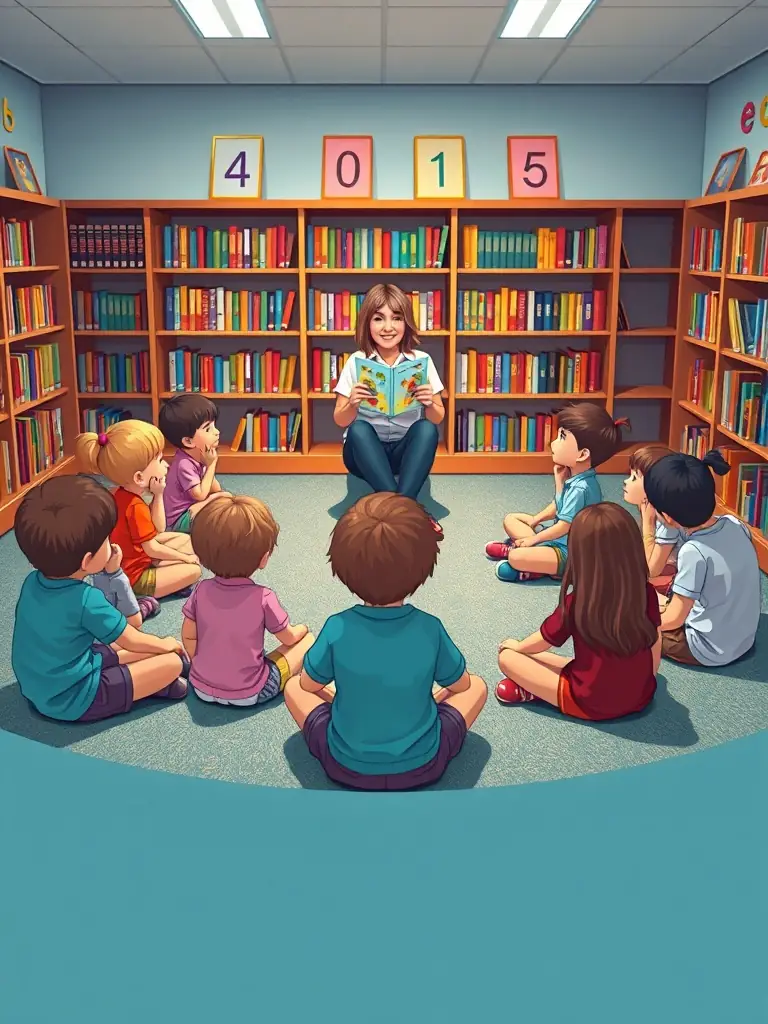 A group of children sitting in a circle, listening attentively to a librarian reading a storybook during a storytelling session at the ASSOCIATION BIBLIOTHEQUE COMMUNALE.