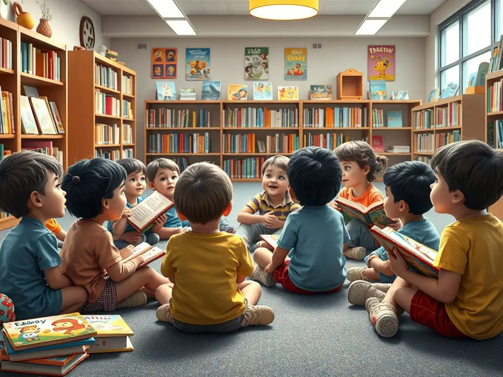 A photograph capturing a group of children enthusiastically participating in a storytelling session at the library, surrounded by colorful books and engaging props.