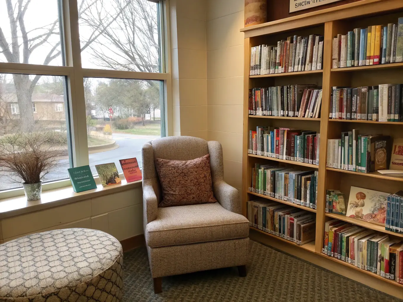 A cozy reading nook in the library, filled with natural light, showcasing a diverse collection of books and comfortable seating, inviting visitors to explore the world of literature.