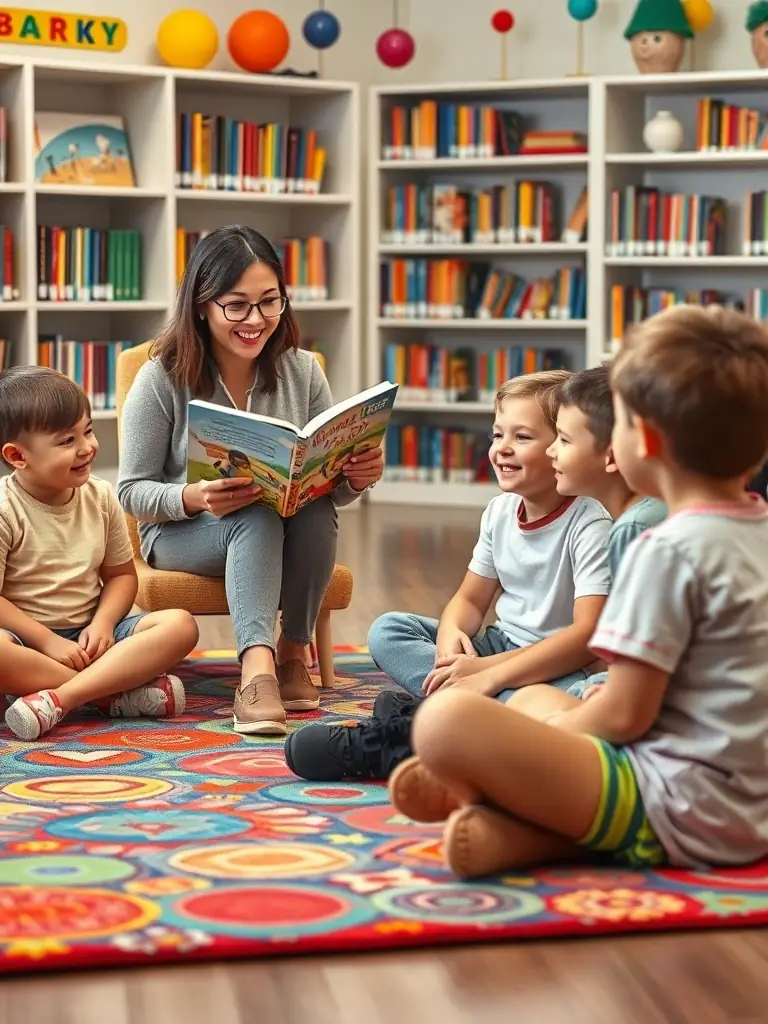 A group of children enthusiastically participating in a storytelling session at the library, with a librarian reading aloud from a colorful picture book.
