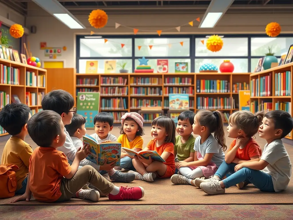 A group of children enthusiastically participating in a storytelling session at the library, surrounded by colorful books and engaging props.