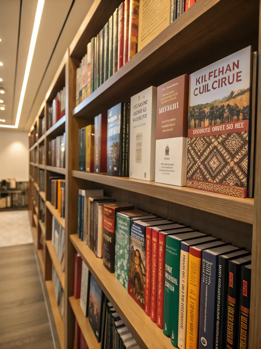 A stack of diverse books, including fiction, non-fiction, and children's literature, arranged neatly on a wooden shelf in the library, showcasing the variety of reading materials available.