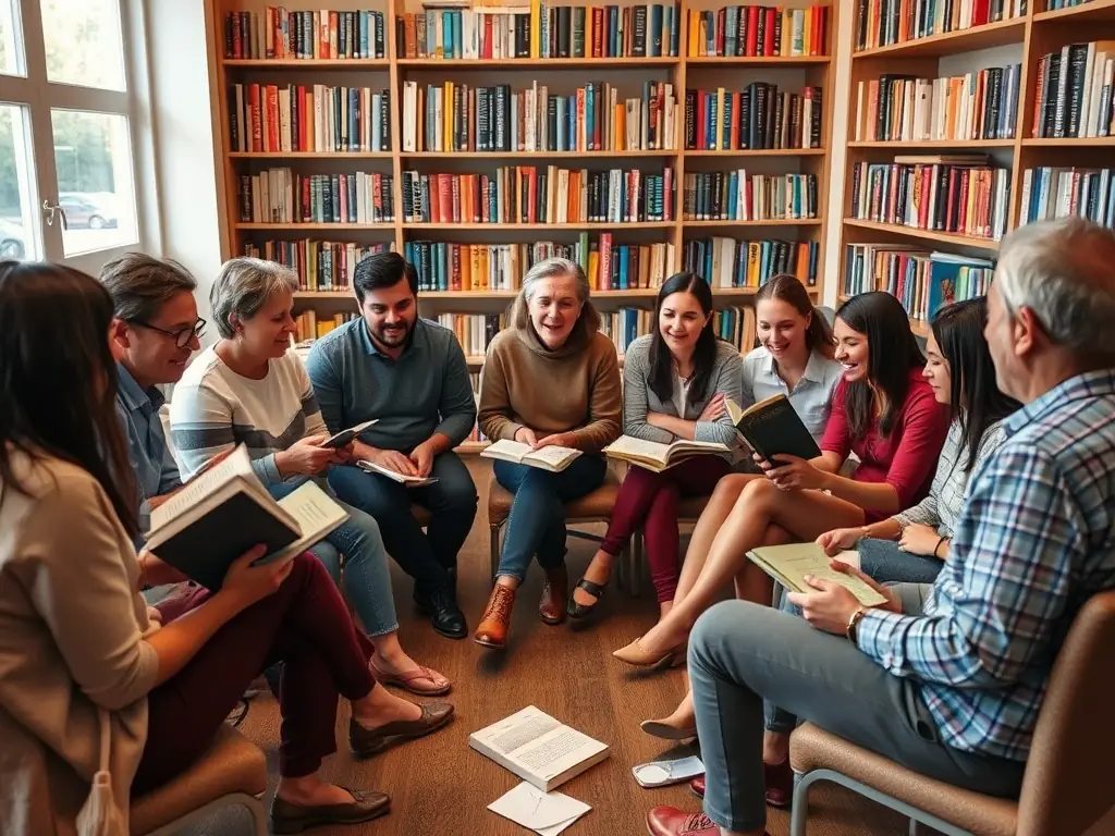 A group of diverse individuals participating in a book club discussion at the library, sharing their thoughts and insights on the latest read, fostering a sense of community and intellectual engagement.