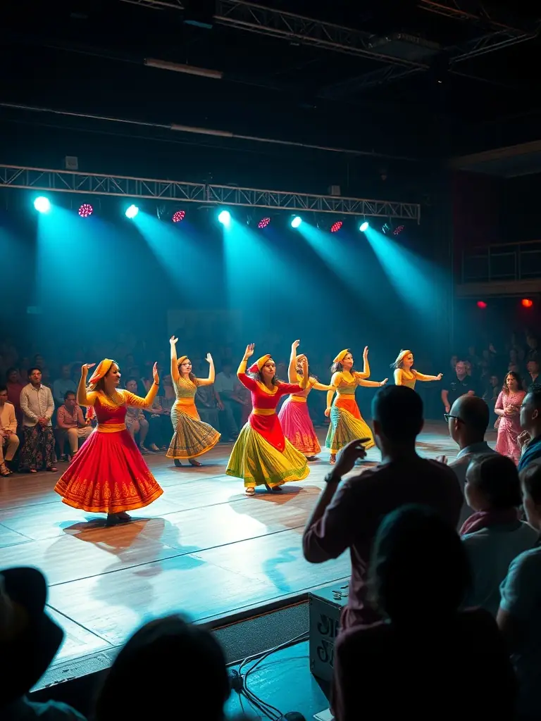 A vibrant photograph capturing a cultural event at the ASSOCIATION BIBLIOTHEQUE COMMUNALE, showcasing traditional music and dance performances.