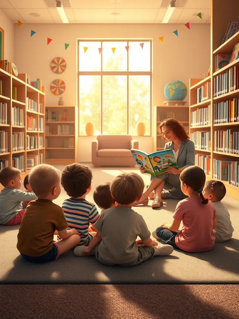 A group of children participating in a storytelling session, with a librarian reading aloud from a picture book, illustrating the library's commitment to early literacy.