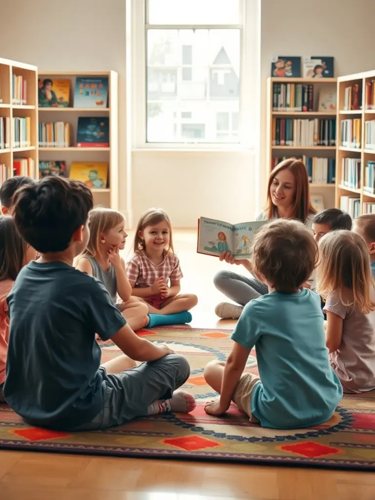 A brightly lit photo of children participating in a reading circle at the ASSOCIATION BIBLIOTHEQUE COMMUNALE, with a librarian reading aloud from a storybook, creating a warm and engaging atmosphere.