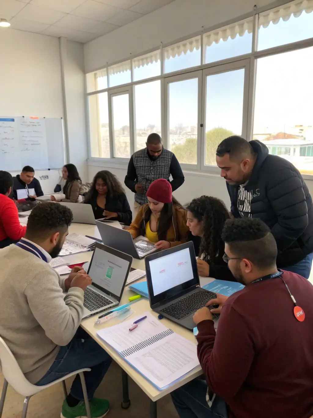 A diverse group of adults attending a computer literacy workshop at the ASSOCIATION BIBLIOTHEQUE COMMUNALE, focused on learning basic computer skills and internet navigation.