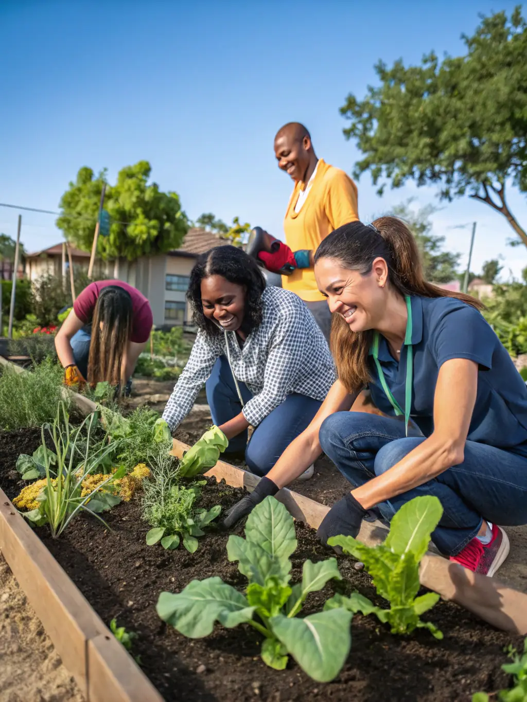 Volunteers working together on a community garden project organized by the ASSOCIATION BIBLIOTHEQUE COMMUNALE, planting flowers and vegetables.