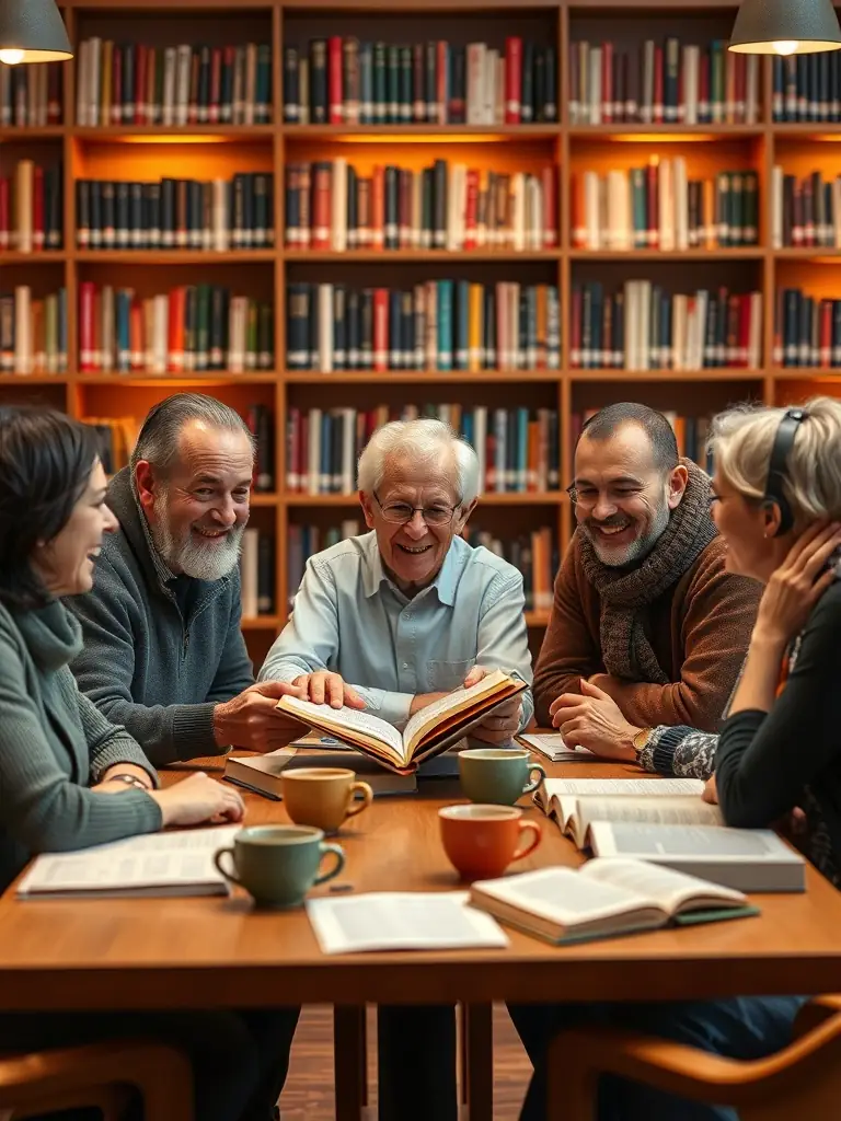 A photograph of a book club meeting at the ASSOCIATION BIBLIOTHEQUE COMMUNALE, with members engaged in a lively discussion about their latest read.