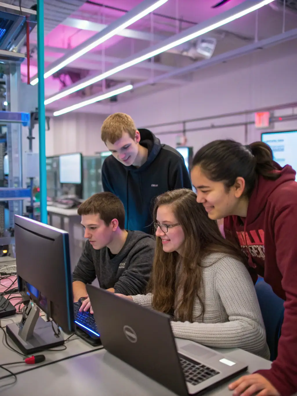 Teenagers working together on a coding project in the library's tech lab, surrounded by computers and robotics equipment.