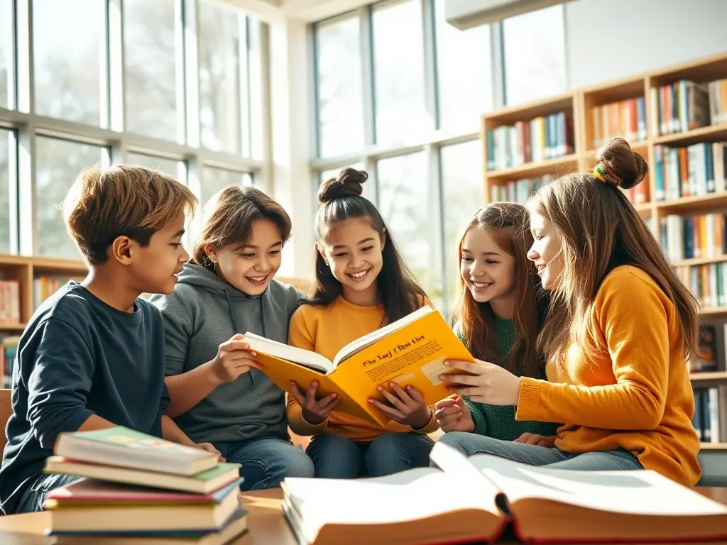 A photograph showcasing teenagers engaged in a book club discussion at the library, sharing their thoughts and insights on a selected novel.