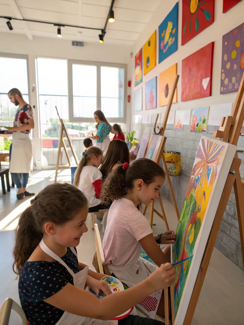 A vibrant image of a local artist leading a painting workshop at the ASSOCIATION BIBLIOTHEQUE COMMUNALE, with participants of various ages creating their own masterpieces.