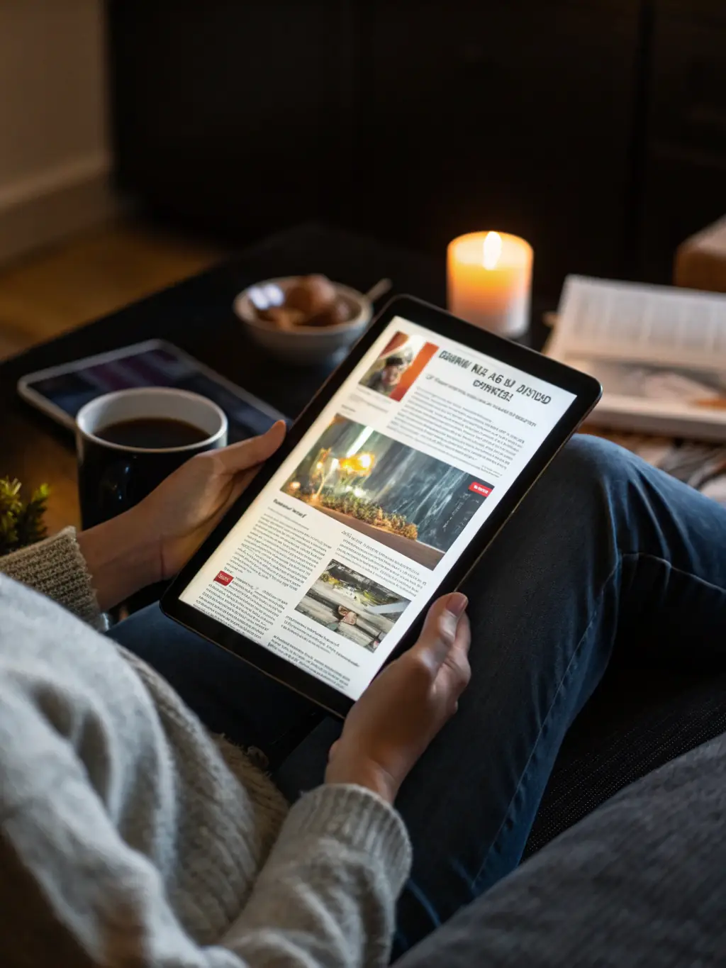 A close-up shot of a tablet displaying an e-book, with headphones resting beside it, symbolizing the digital media resources offered by the library.