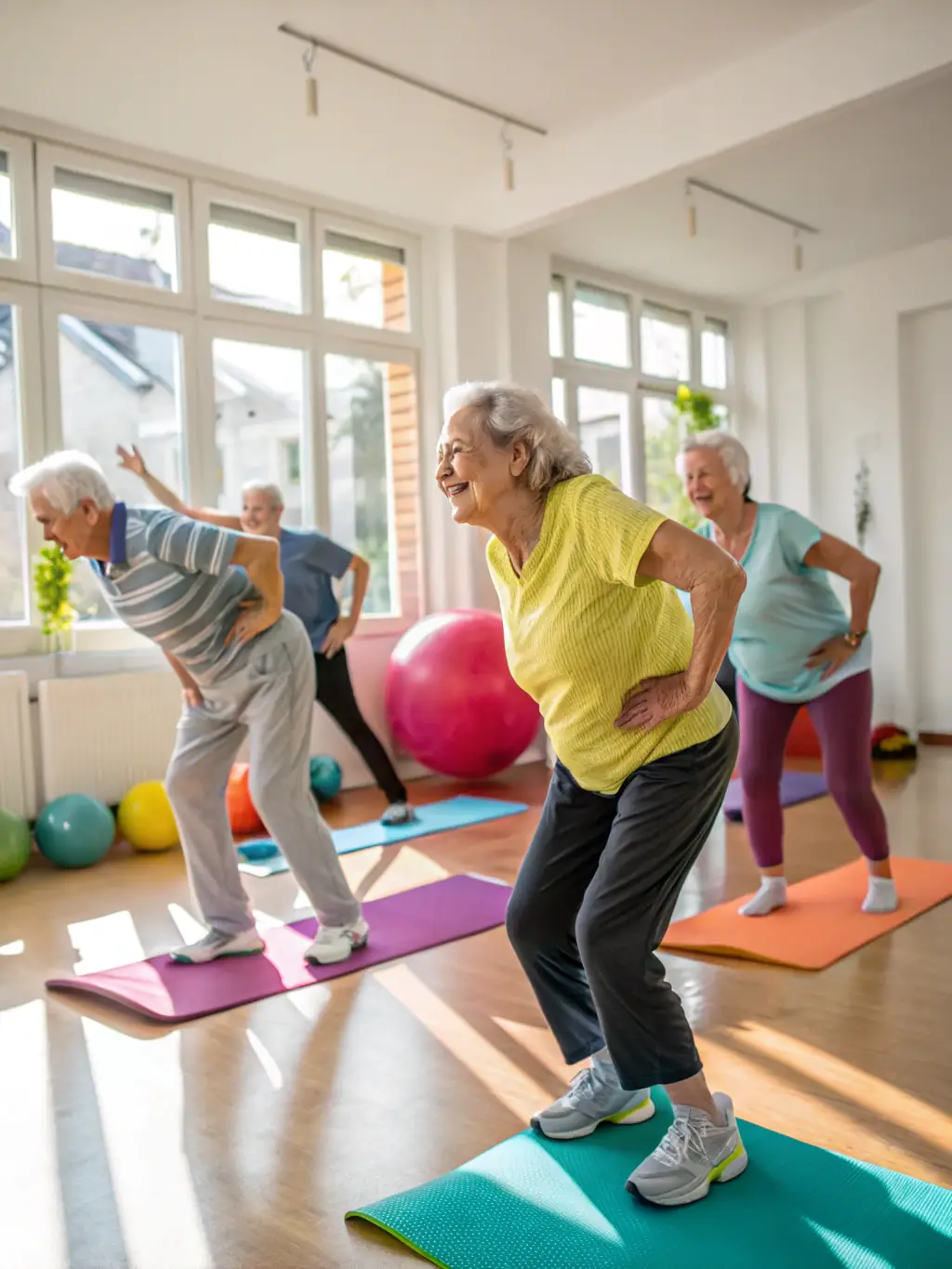 Seniors participating in a gentle exercise class at the library, led by an instructor and using chairs for support.