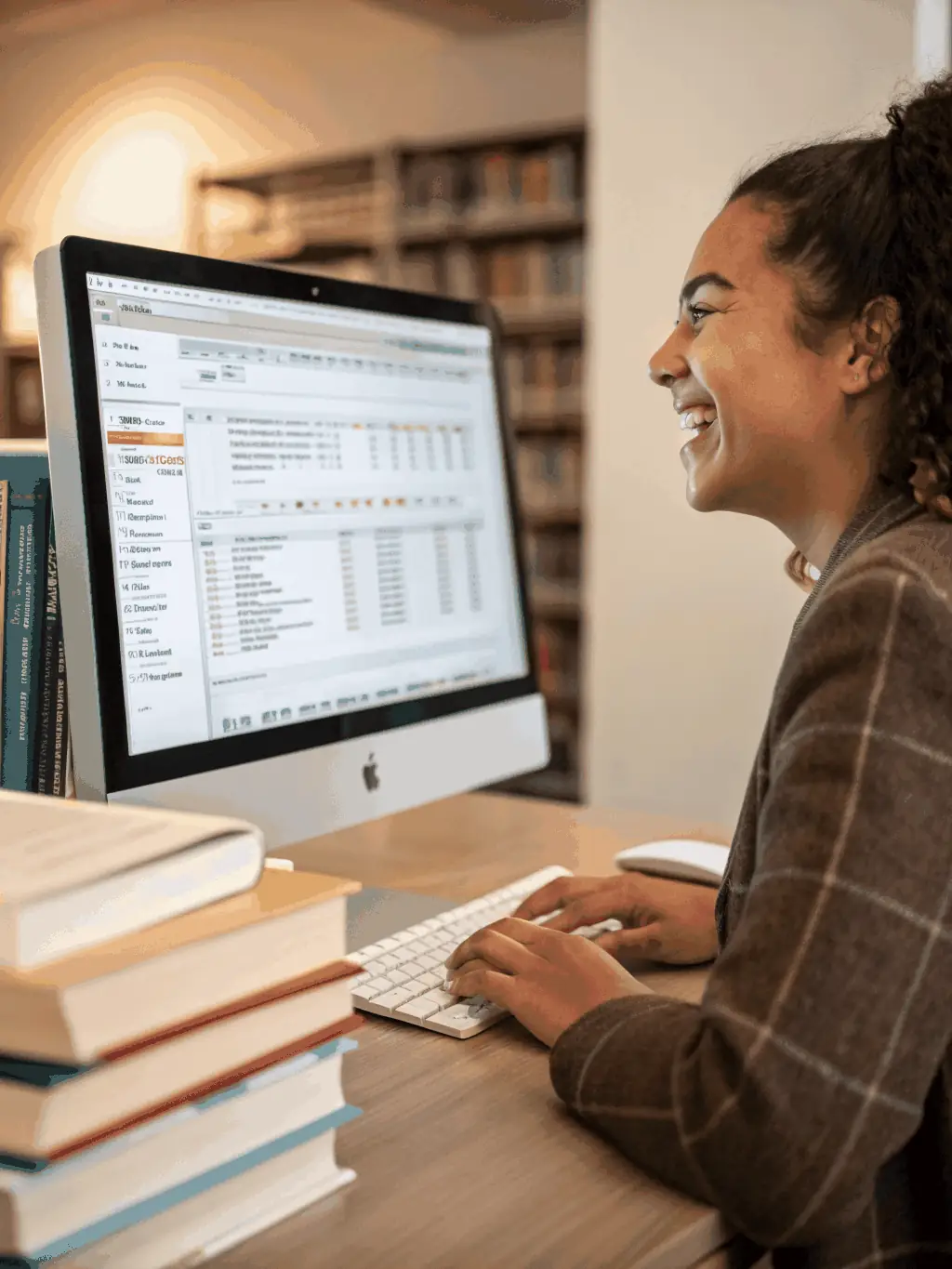 A librarian assisting a patron with research on a computer, highlighting the library's support for lifelong learning and information access.