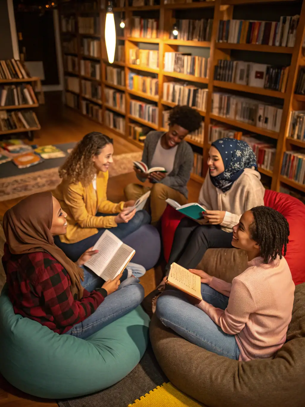 A photo of community members gathered at the ASSOCIATION BIBLIOTHEQUE COMMUNALE for a book club meeting, discussing their latest read and sharing their perspectives.