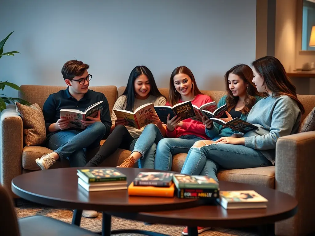 Teenagers engaged in a lively book discussion during a reading group meeting at the library, with books and notebooks in hand.