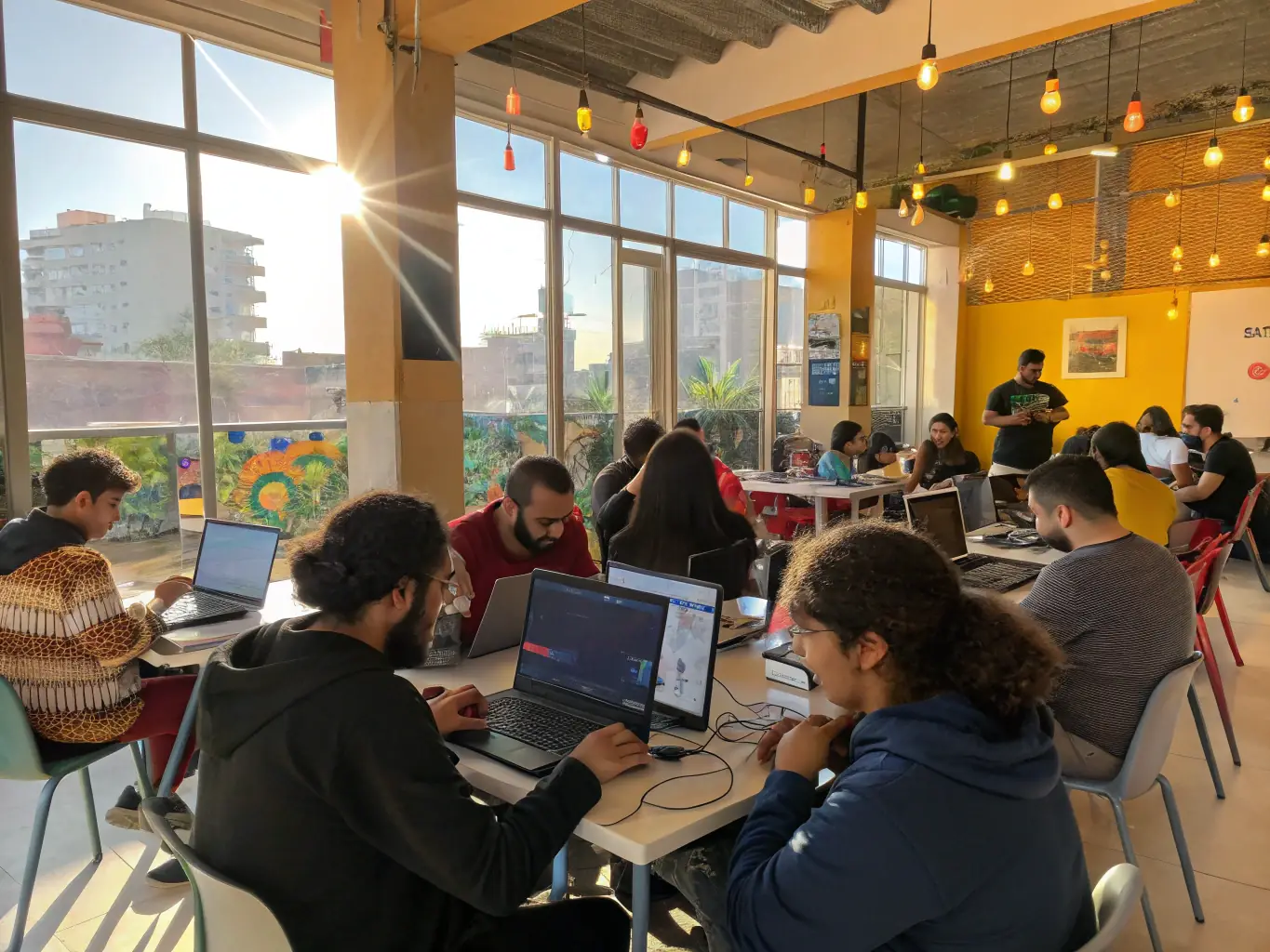 An image depicting a diverse group of adults attending a computer literacy workshop at the library, focusing on digital skills and online resources.